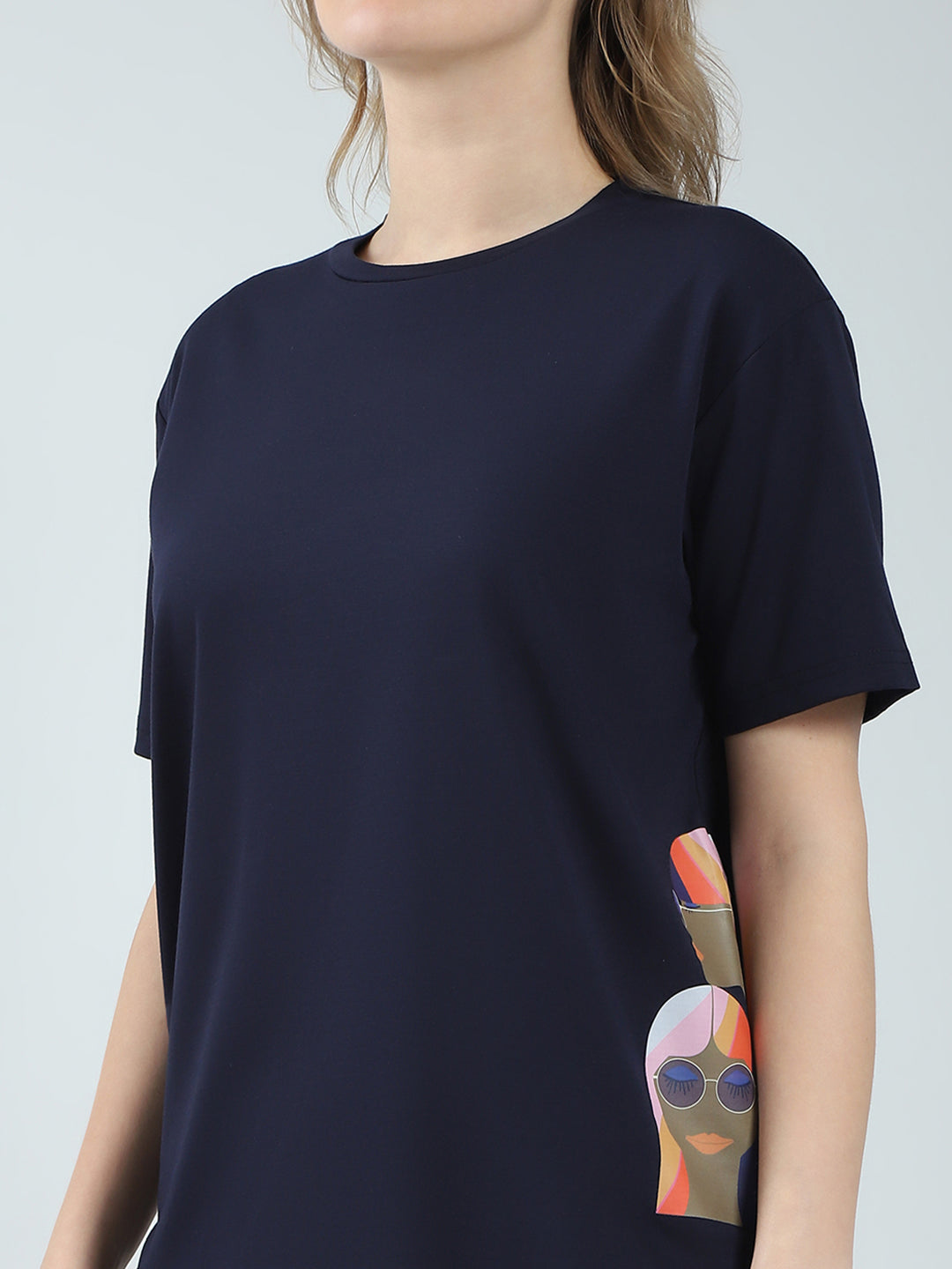 Women Navy Blue Printed Round Neck Half Sleeve Lower Set