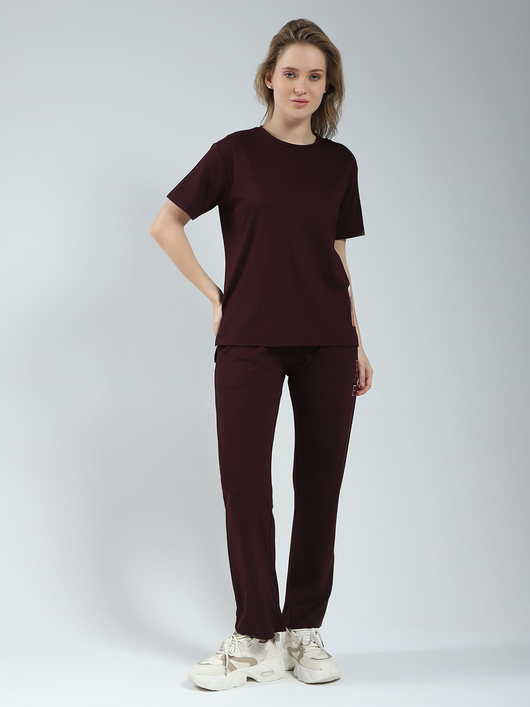 Women Burgundy Solid Round Neck Half Sleeve Lower Set