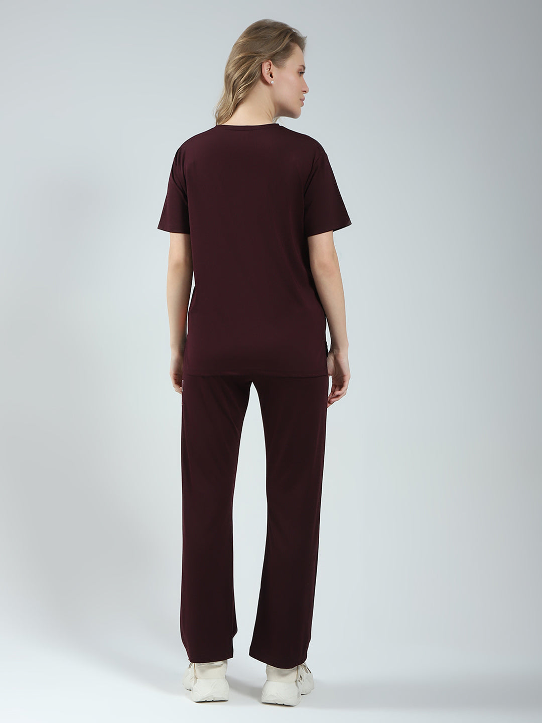 Women Burgundy Solid Round Neck Half Sleeve Lower Set