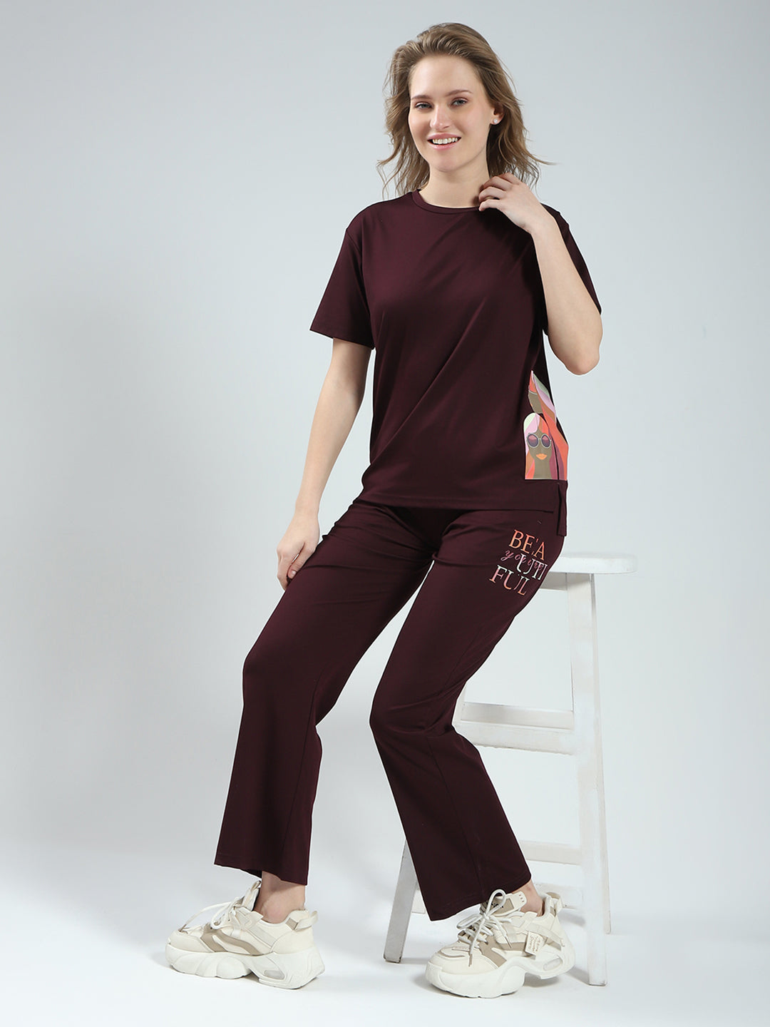 Women Burgundy Solid Round Neck Half Sleeve Lower Set