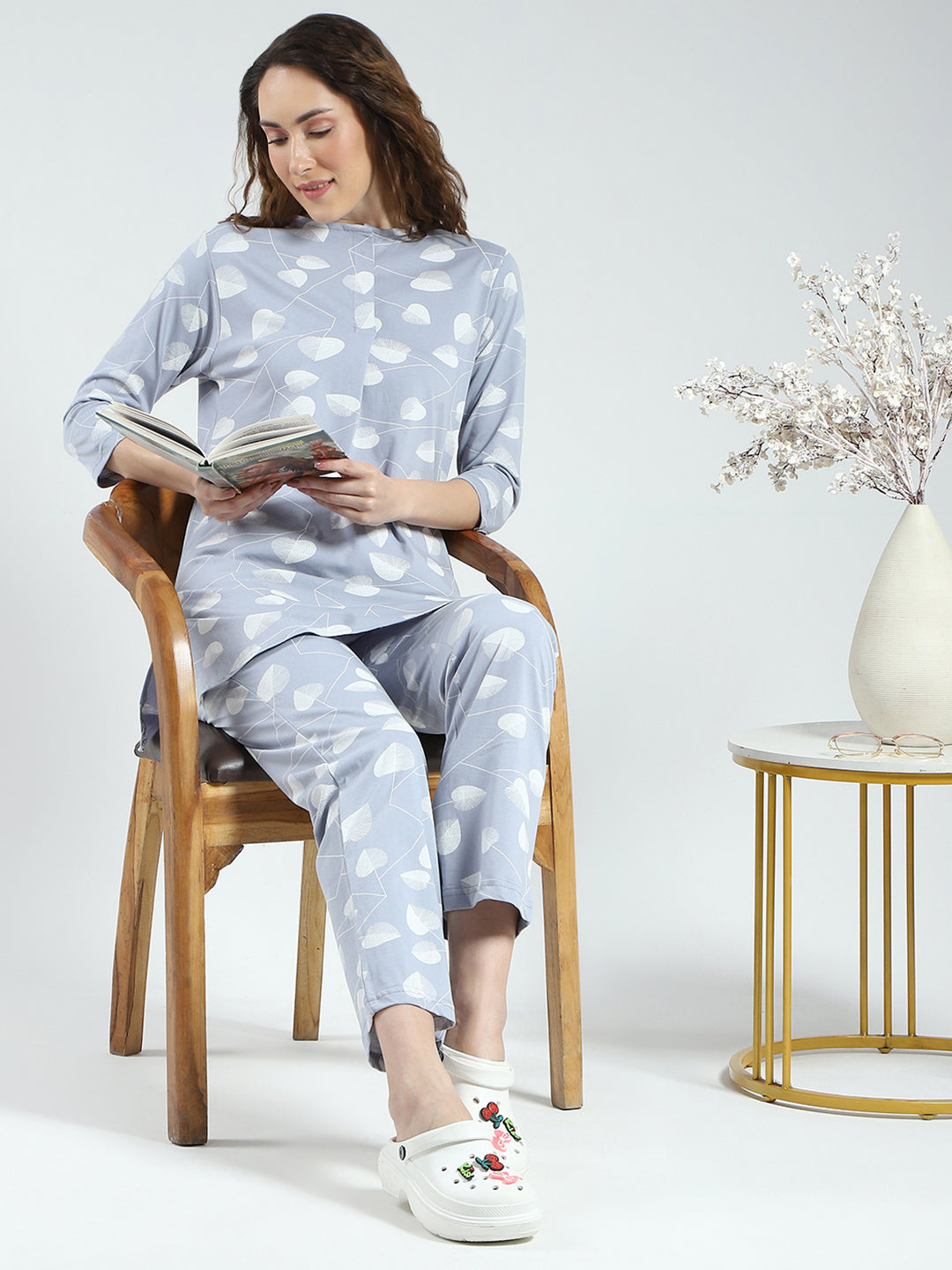 Women Grey Printed Round Neck 3/4th Sleeve Lower Set