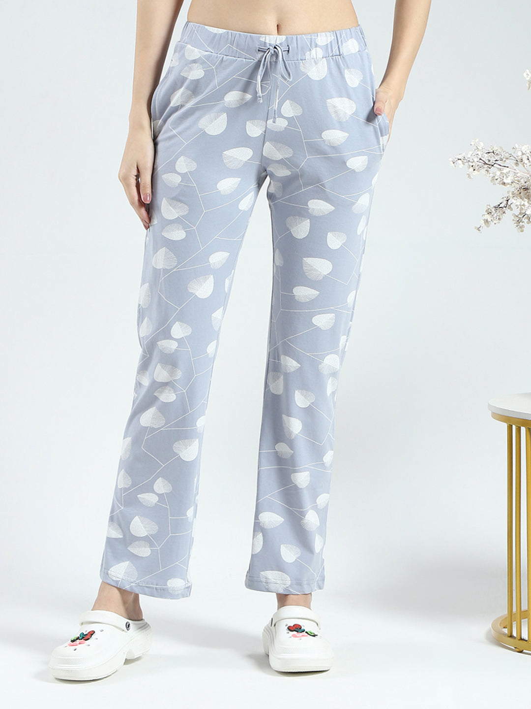 Women Grey Printed Round Neck 3/4th Sleeve Lower Set