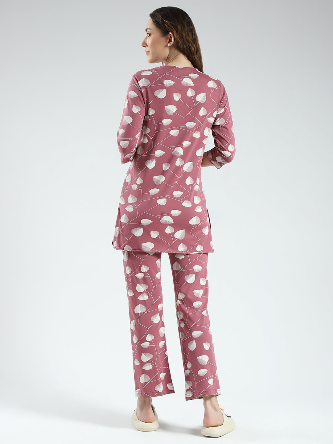 Women Pink Printed Round Neck 3/4th Sleeve Lower Set