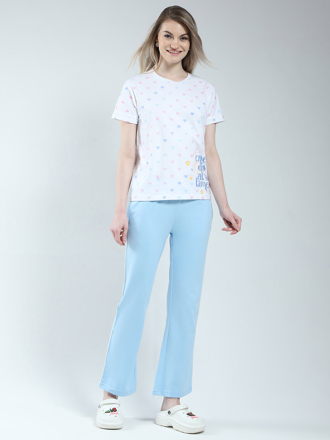 Women Blue Printed Round Neck Half Sleeve Combo Set