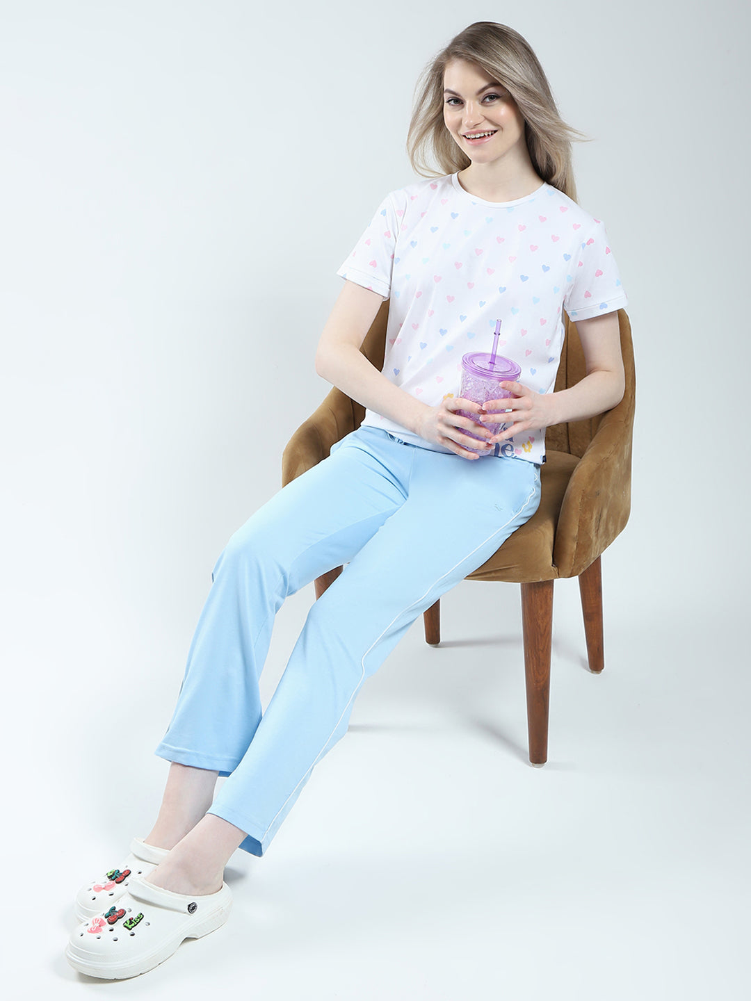 Women Blue Printed Round Neck Half Sleeve Combo Set