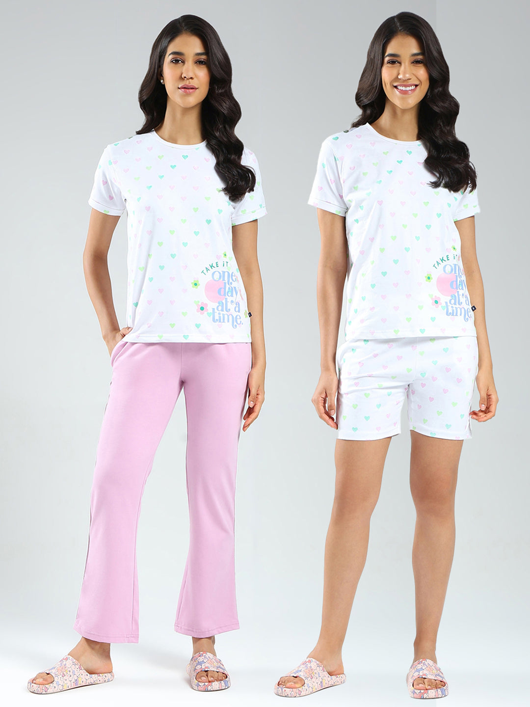 Women Purple & White Printed Round Neck Half Sleeve Combo 3Pc Set (T-Shirt, Shorts & Lower)