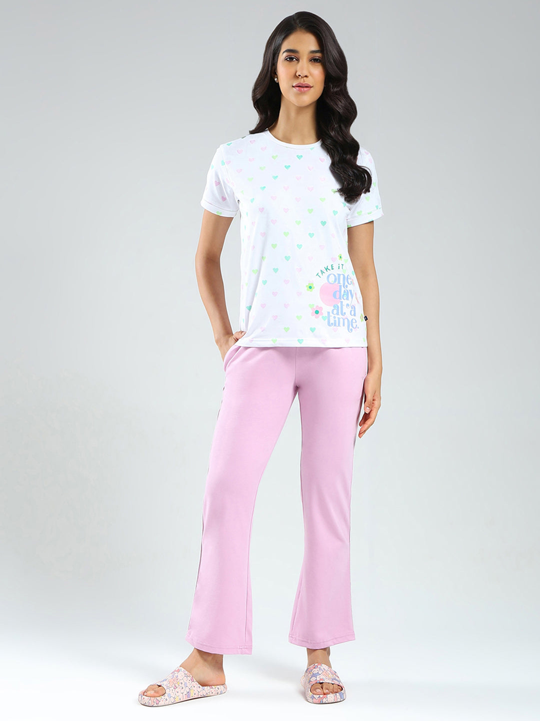 Women Purple & White Printed Round Neck Half Sleeve Combo 3Pc Set (T-Shirt, Shorts & Lower)