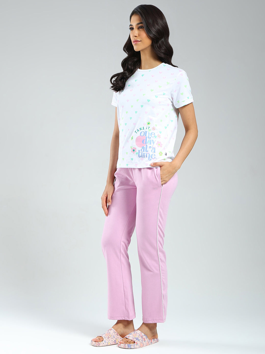 Women Purple & White Printed Round Neck Half Sleeve Combo 3Pc Set (T-Shirt, Shorts & Lower)