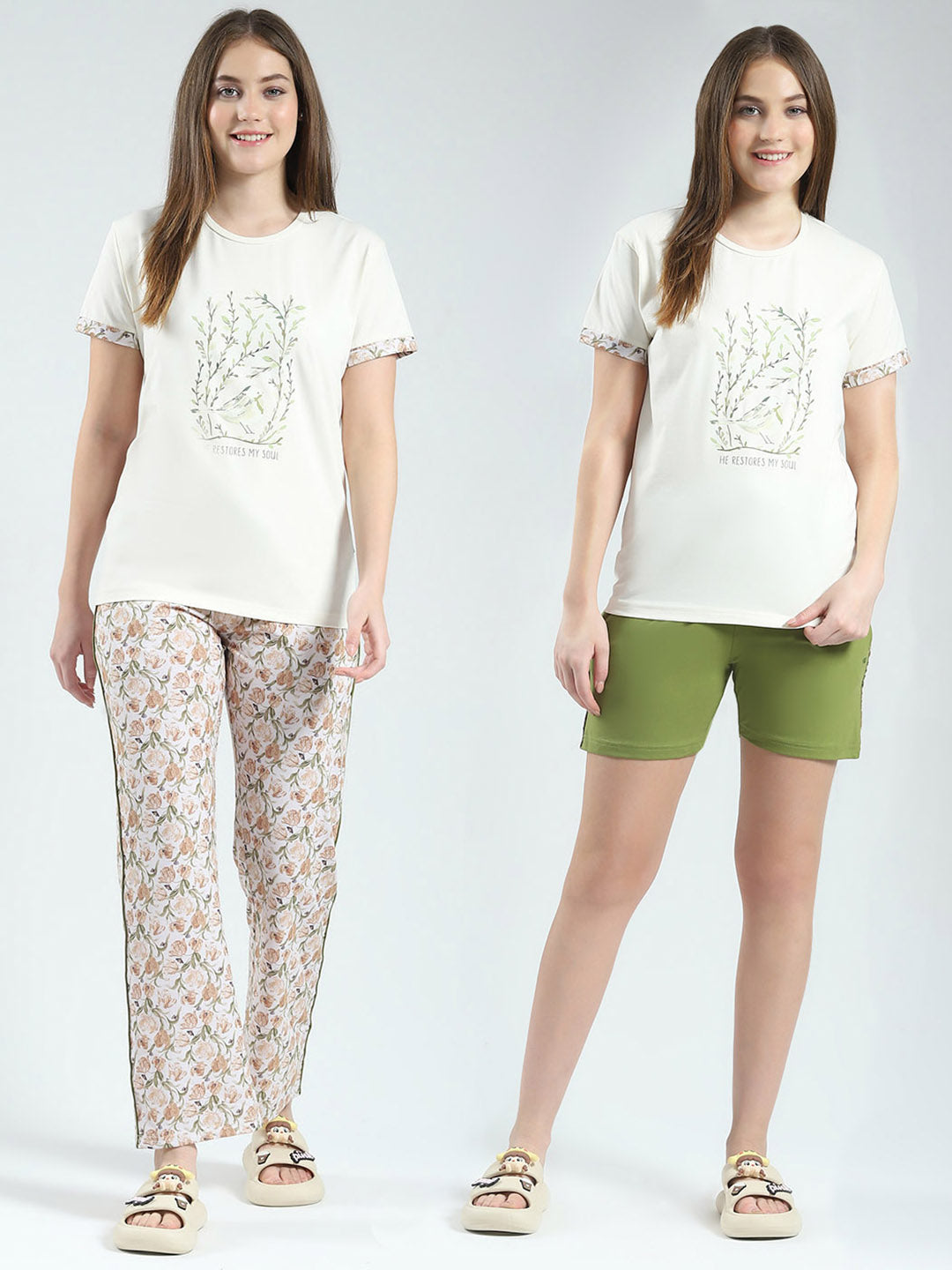 Women Off White Printed Round Neck Half Sleeve Combo 3Pc Set (T-Shirt, Shorts & Lower)