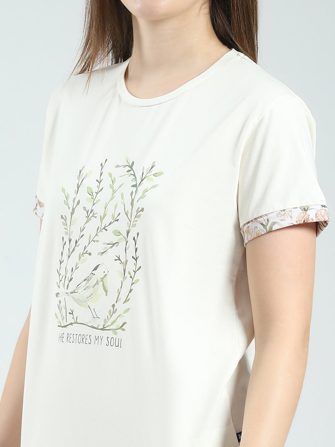 Women Off White Printed Round Neck Half Sleeve Combo 3Pc Set (T-Shirt, Shorts & Lower)