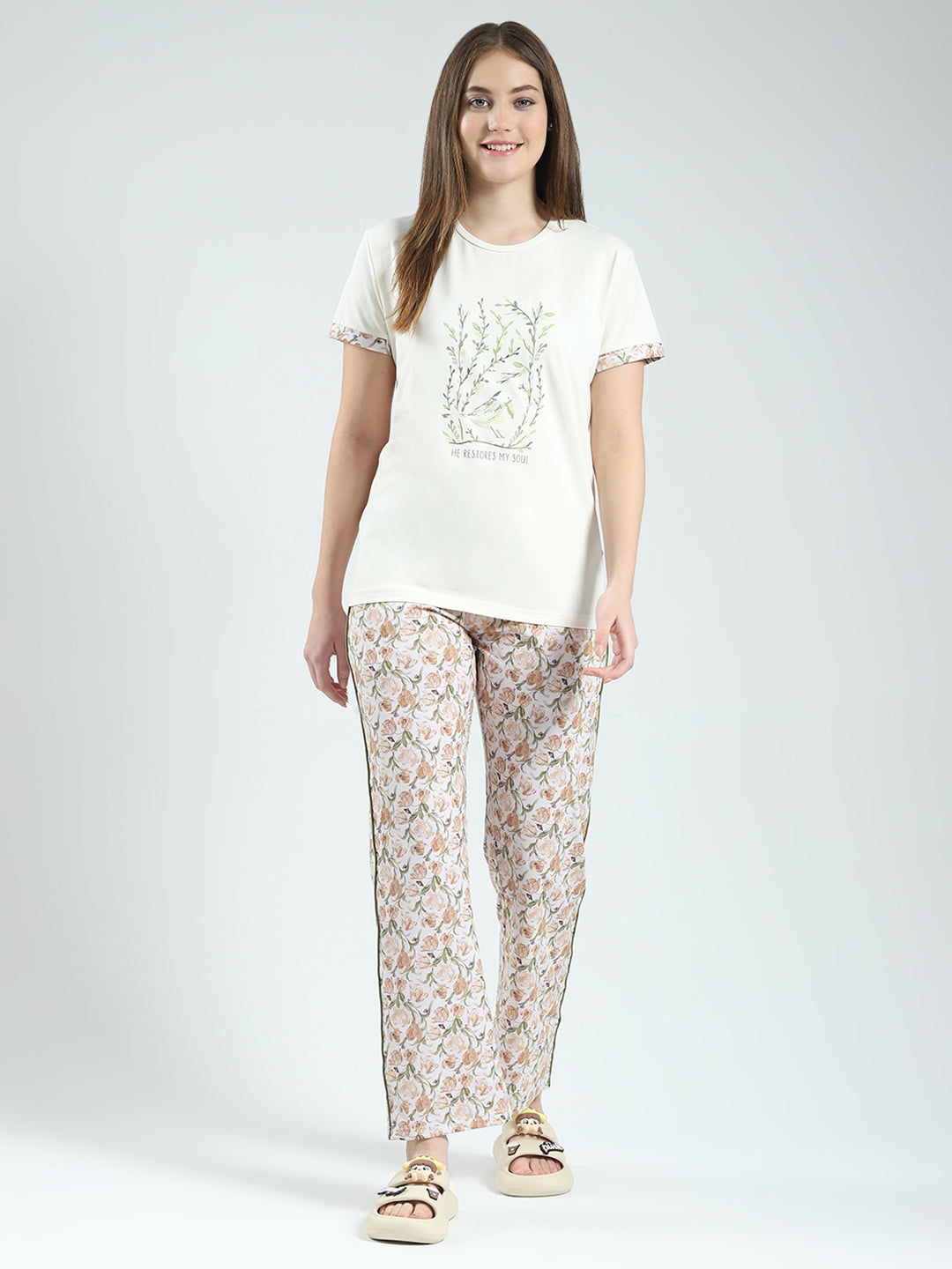 Women Off White Printed Round Neck Half Sleeve Combo 3Pc Set (T-Shirt, Shorts & Lower)