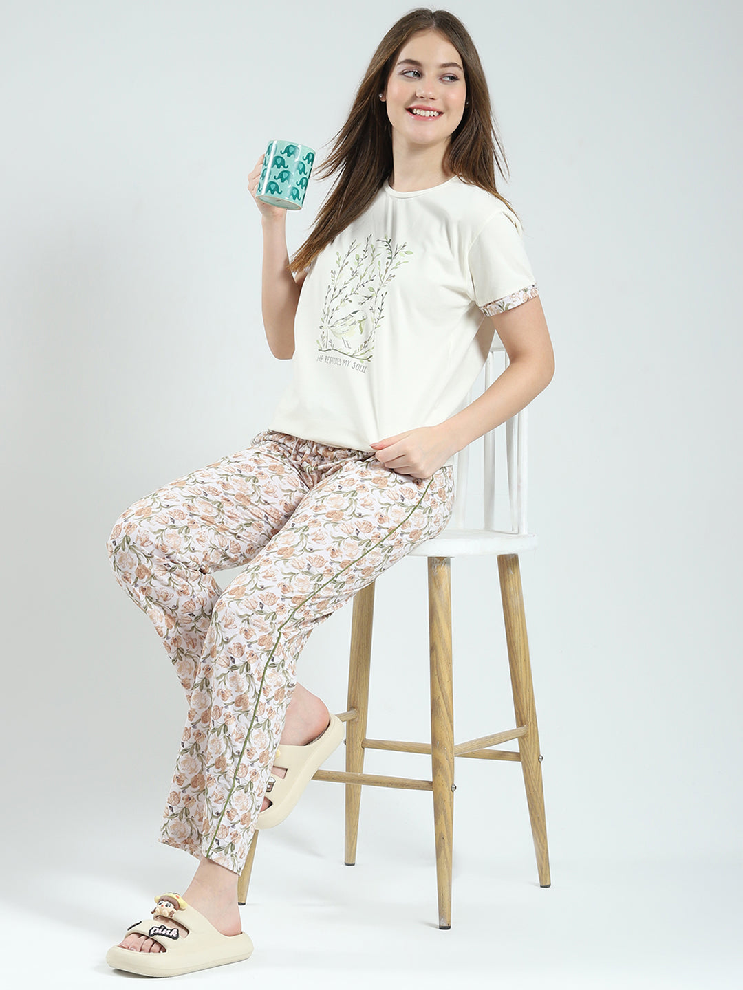 Women Off White Printed Round Neck Half Sleeve Combo 3Pc Set (T-Shirt, Shorts & Lower)