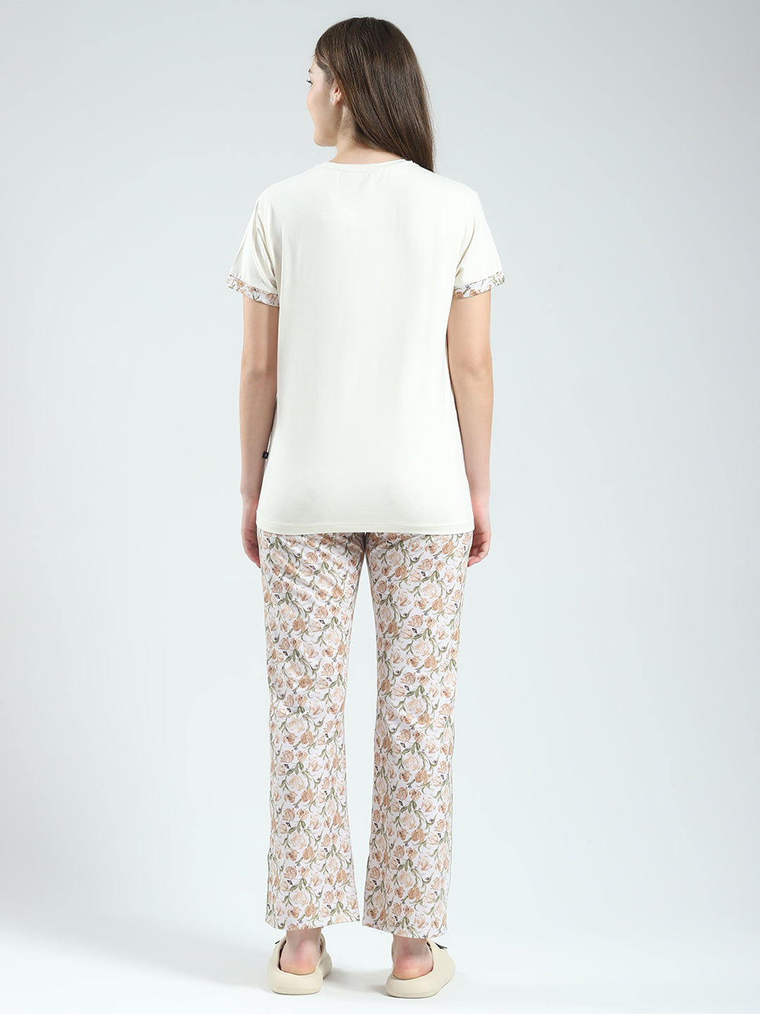 Women Off White Printed Round Neck Half Sleeve Combo 3Pc Set (T-Shirt, Shorts & Lower)