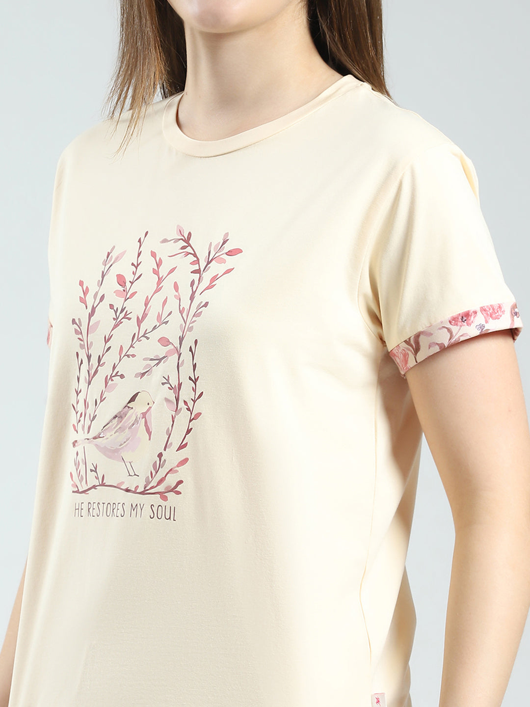 Women Beige Printed Round Neck Half Sleeve Combo 3Pc Set (T-Shirt, Shorts & Lower)