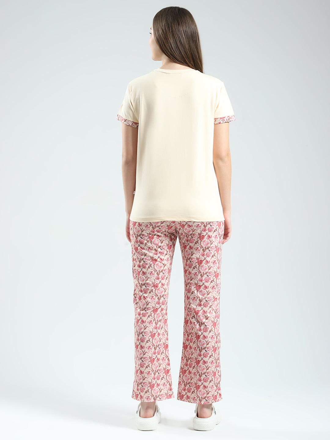 Women Beige Printed Round Neck Half Sleeve Combo 3Pc Set (T-Shirt, Shorts & Lower)