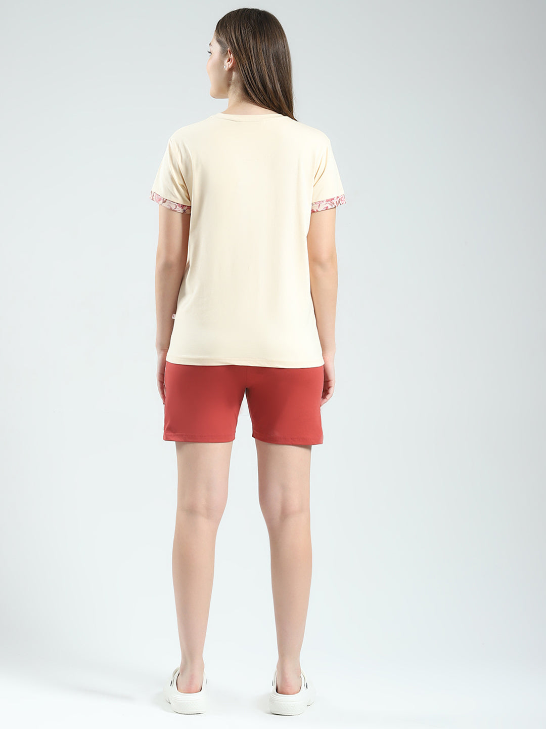 Women Beige Printed Round Neck Half Sleeve Combo 3Pc Set (T-Shirt, Shorts & Lower)