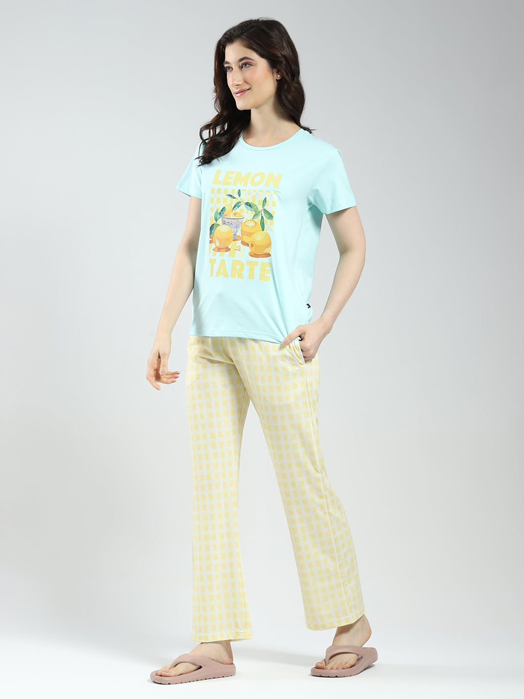 Women Blue Printed Round Neck Half Sleeve Combo 3Pc Set (T-Shirt, Shorts & Lower)