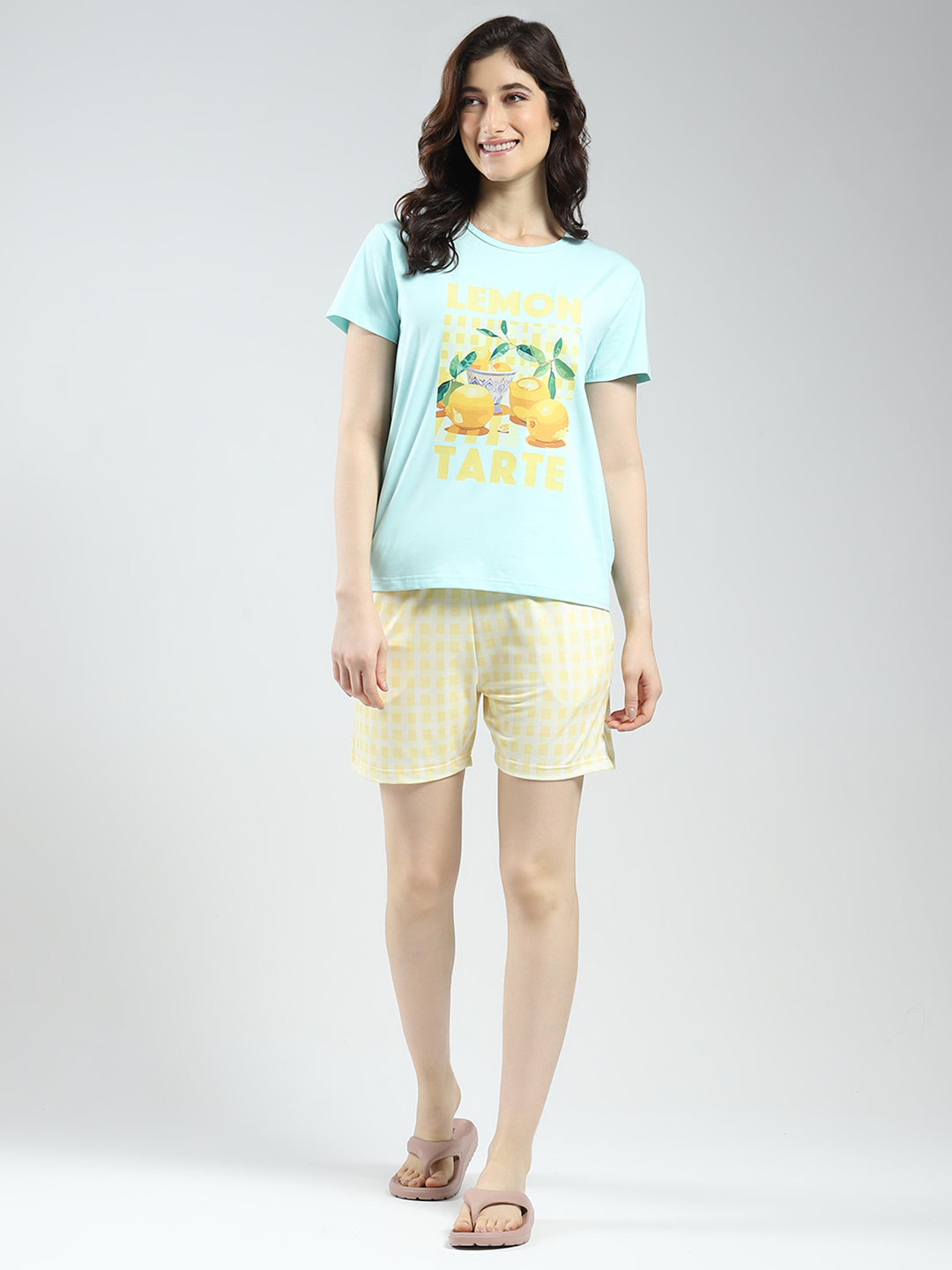 Women Blue Printed Round Neck Half Sleeve Combo 3Pc Set (T-Shirt, Shorts & Lower)