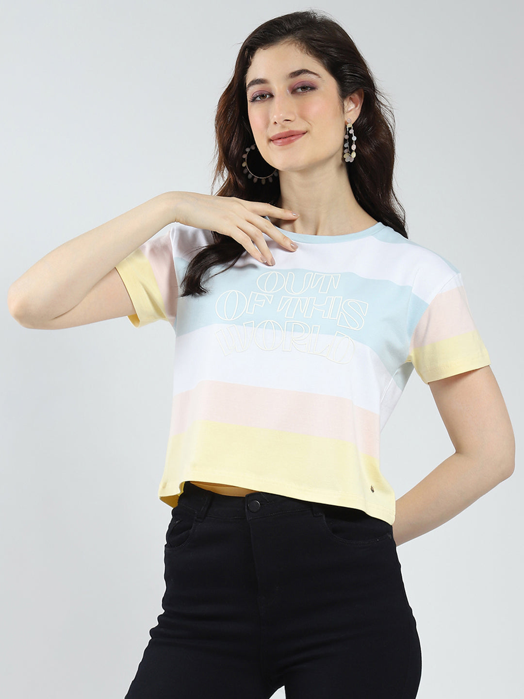 Women White Printed Round Neck Half Sleeve Top