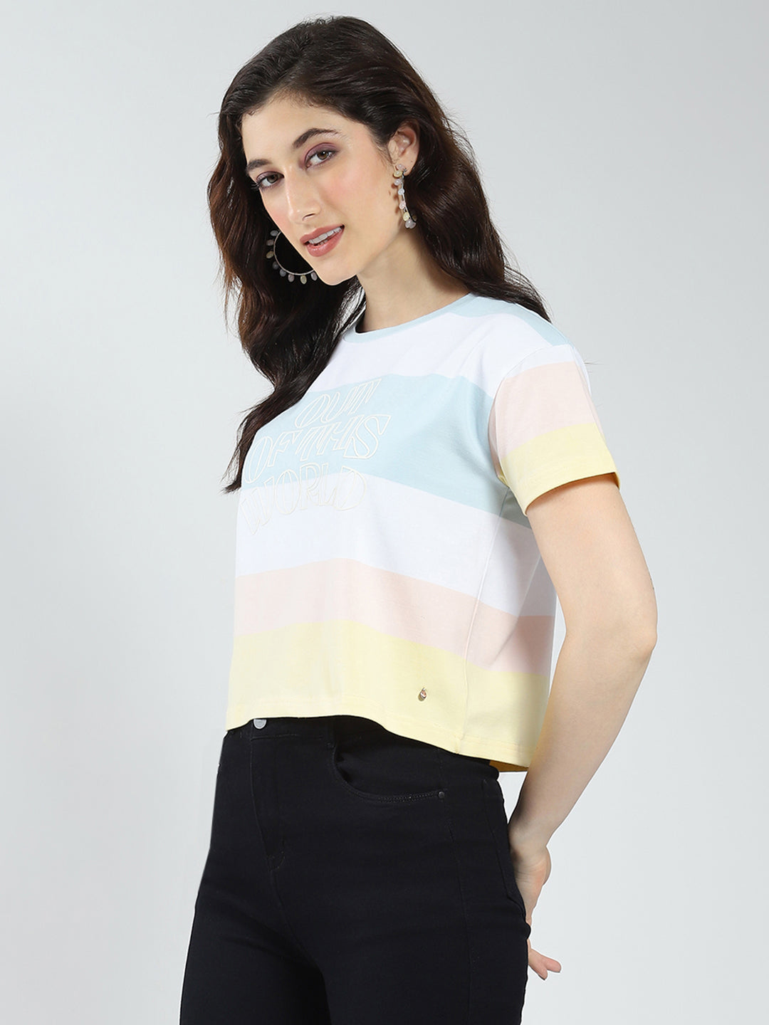 Women White Printed Round Neck Half Sleeve Top