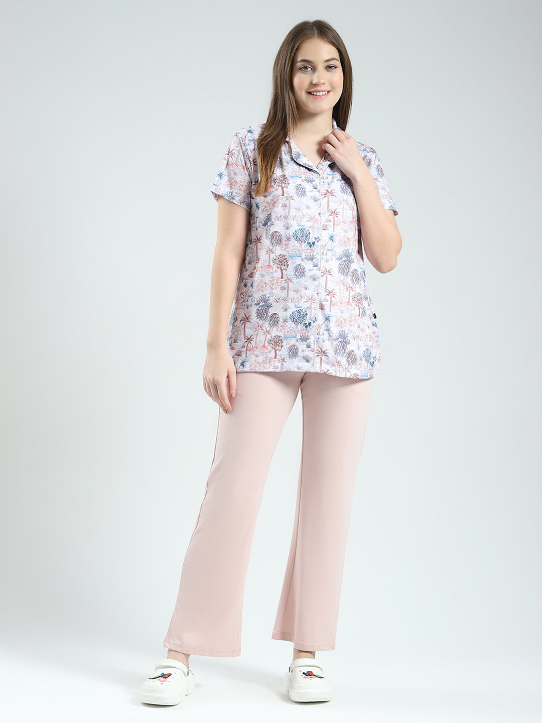 Women Peach Printed Collar Half Sleeve Lower Set