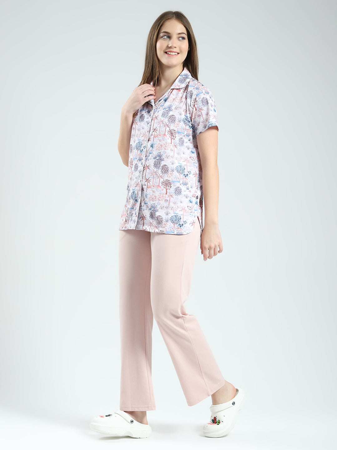 Women Peach Printed Collar Half Sleeve Lower Set