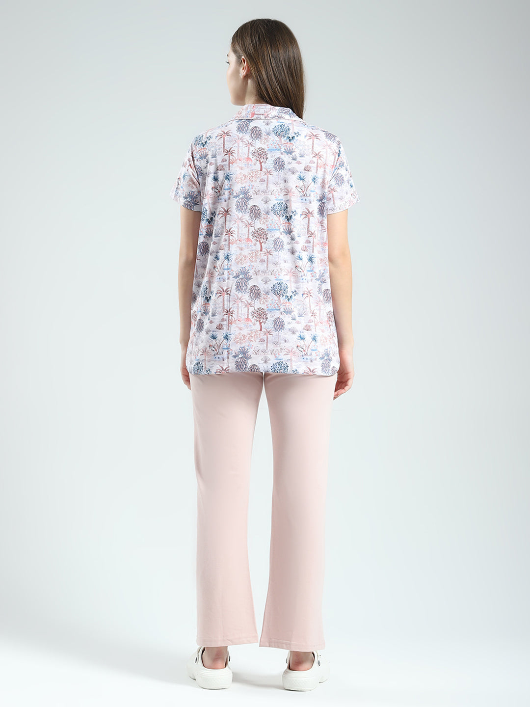 Women Peach Printed Collar Half Sleeve Lower Set