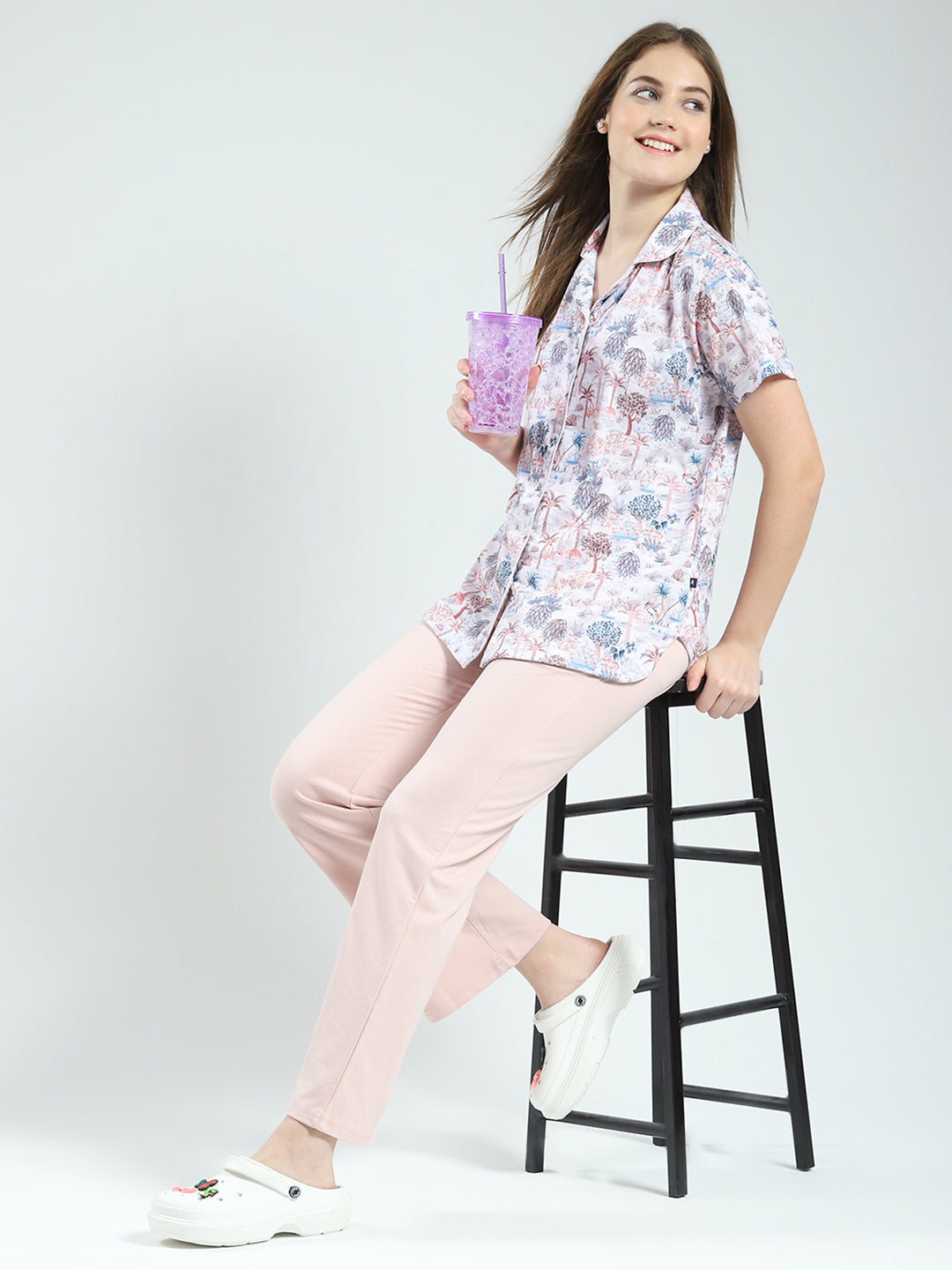 Women Peach Printed Collar Half Sleeve Lower Set