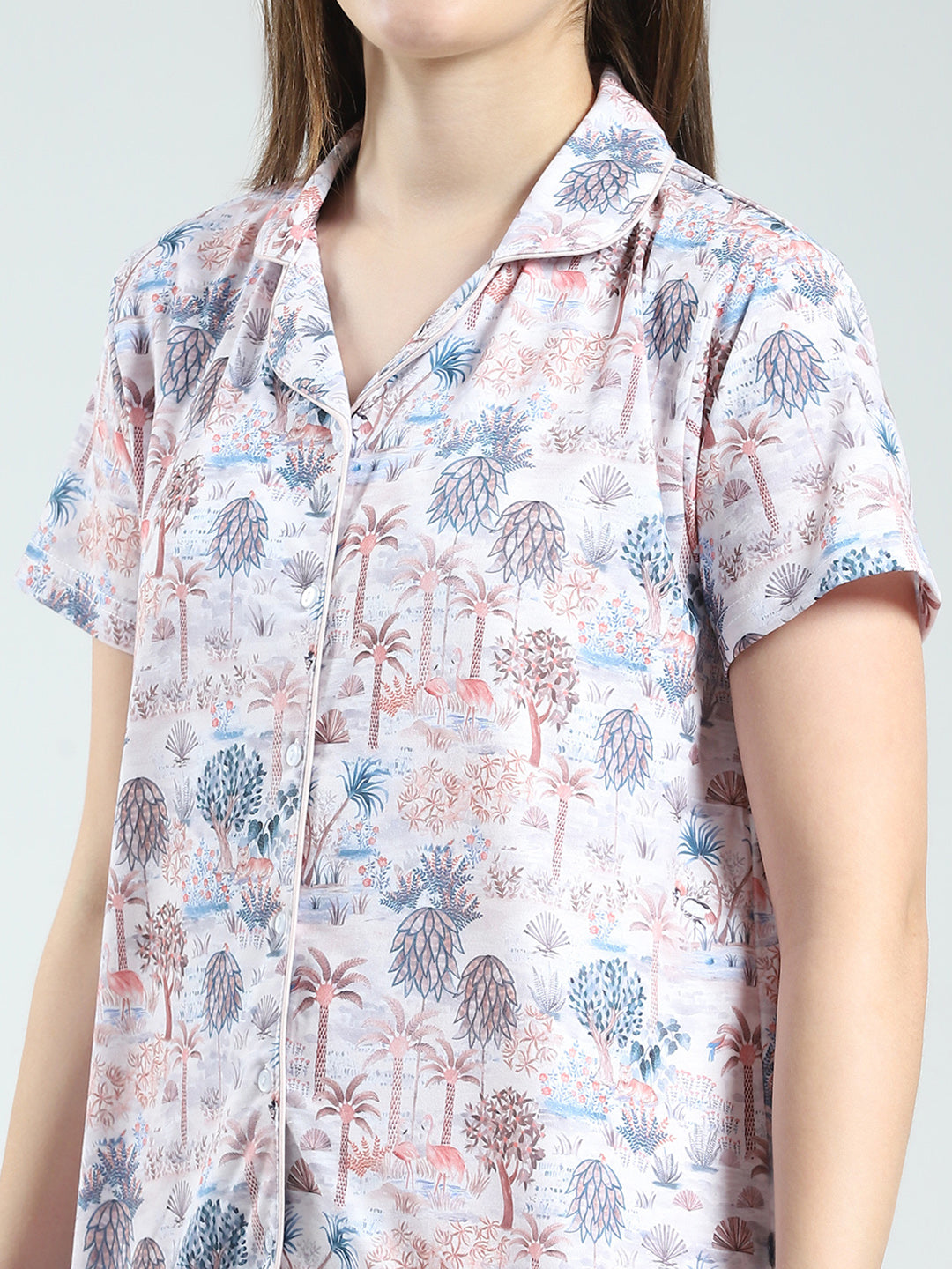 Women Peach Printed Collar Half Sleeve Lower Set