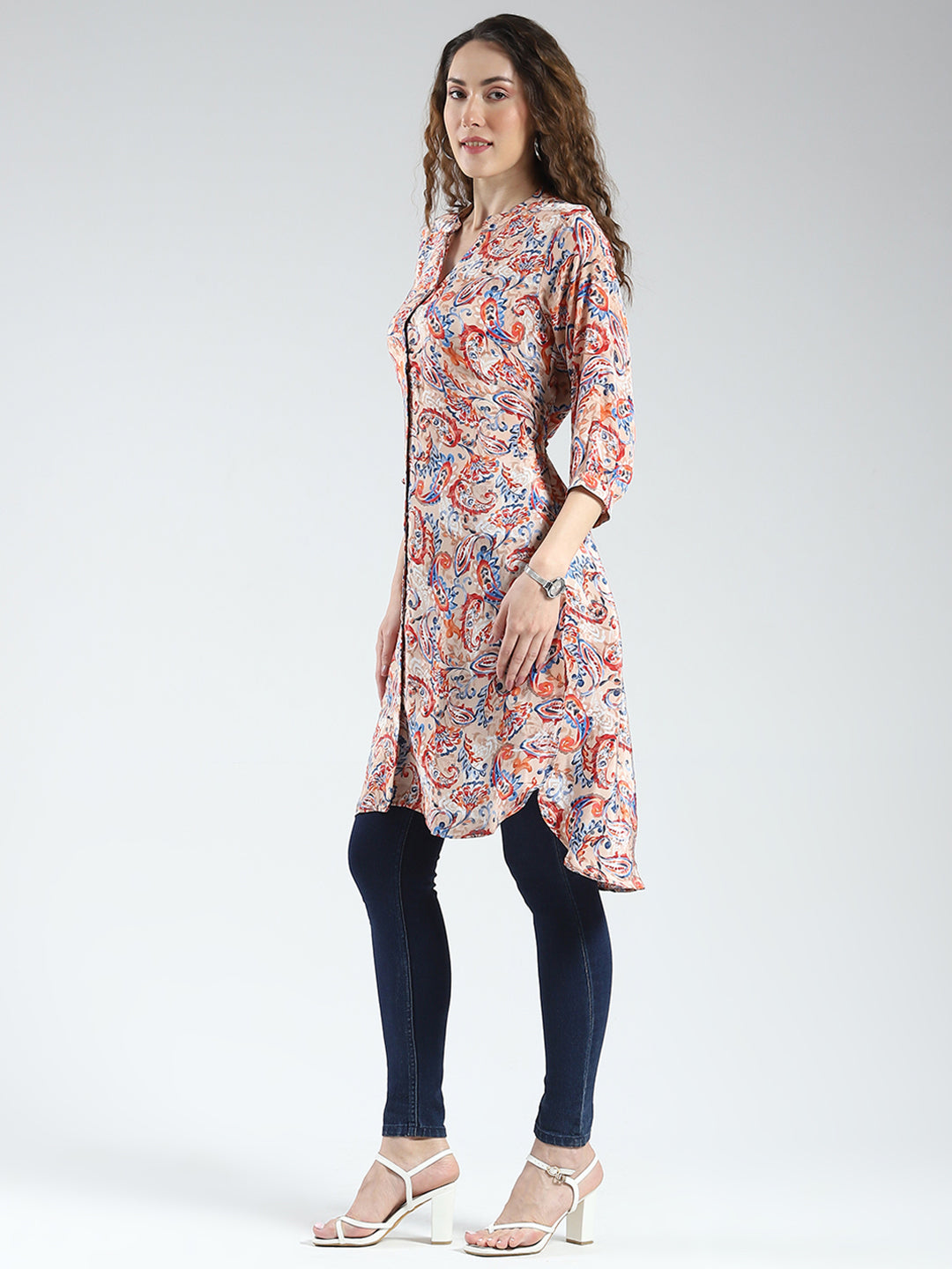 Women Brown Printed Round Neck 3/4th Sleeve Tunic