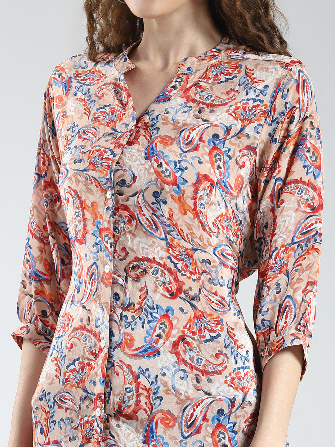 Women Brown Printed Round Neck 3/4th Sleeve Tunic