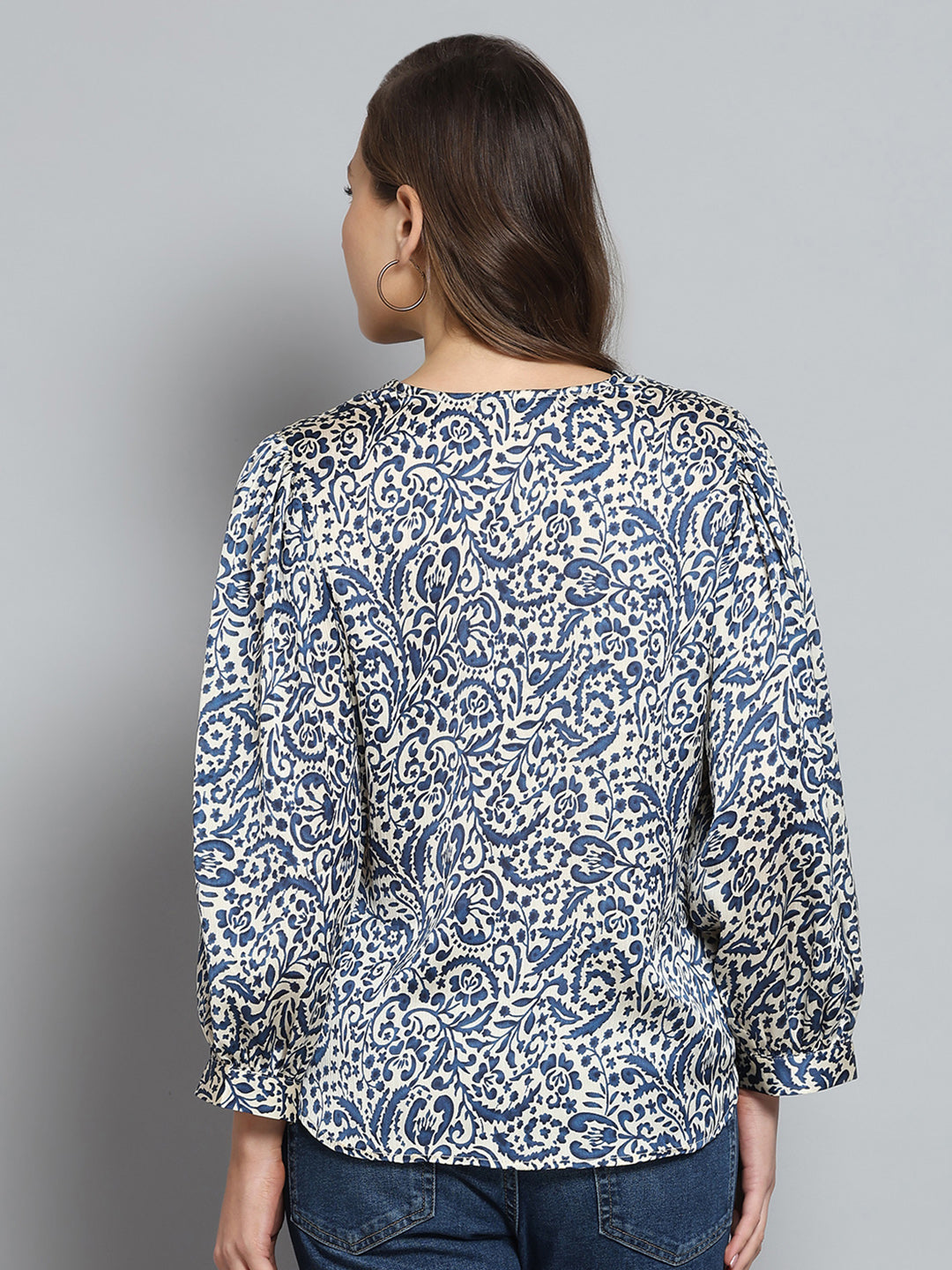 Women Blue Printed V Neck Full Sleeve Top