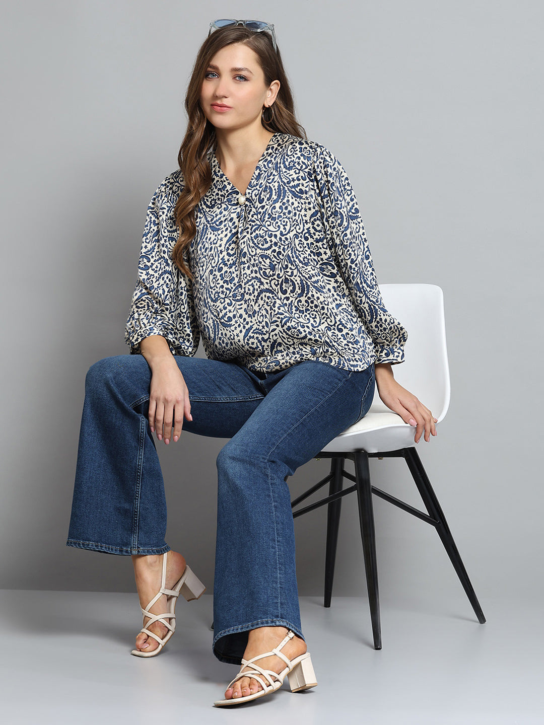 Women Blue Printed V Neck Full Sleeve Top