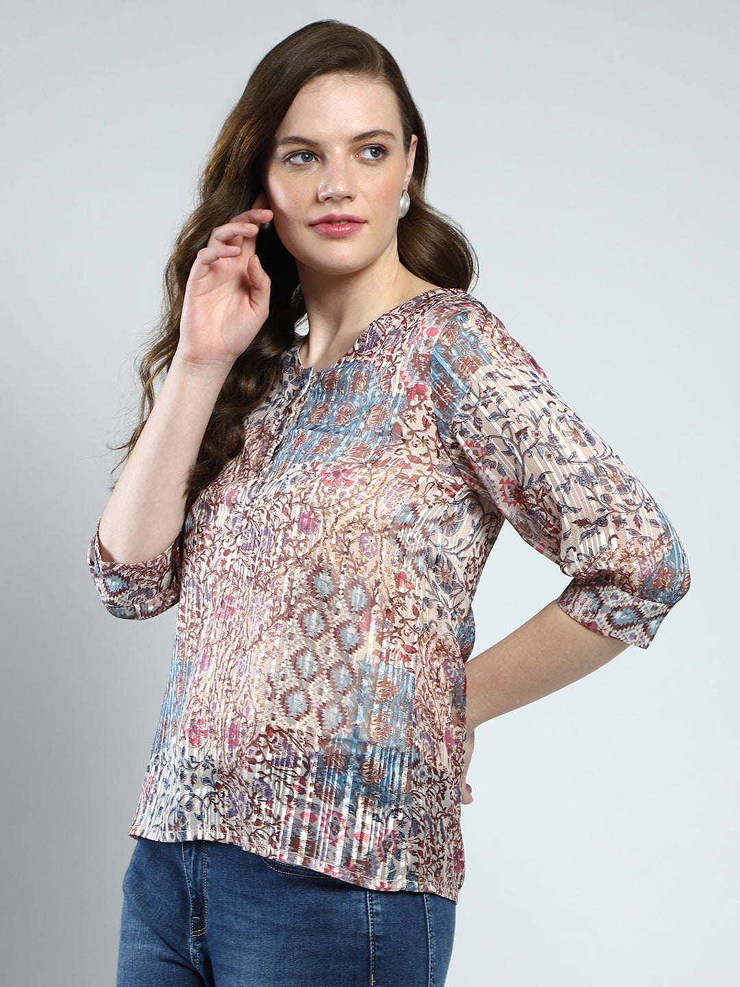Women Multicolor Printed Round Neck 3/4th Sleeve Top