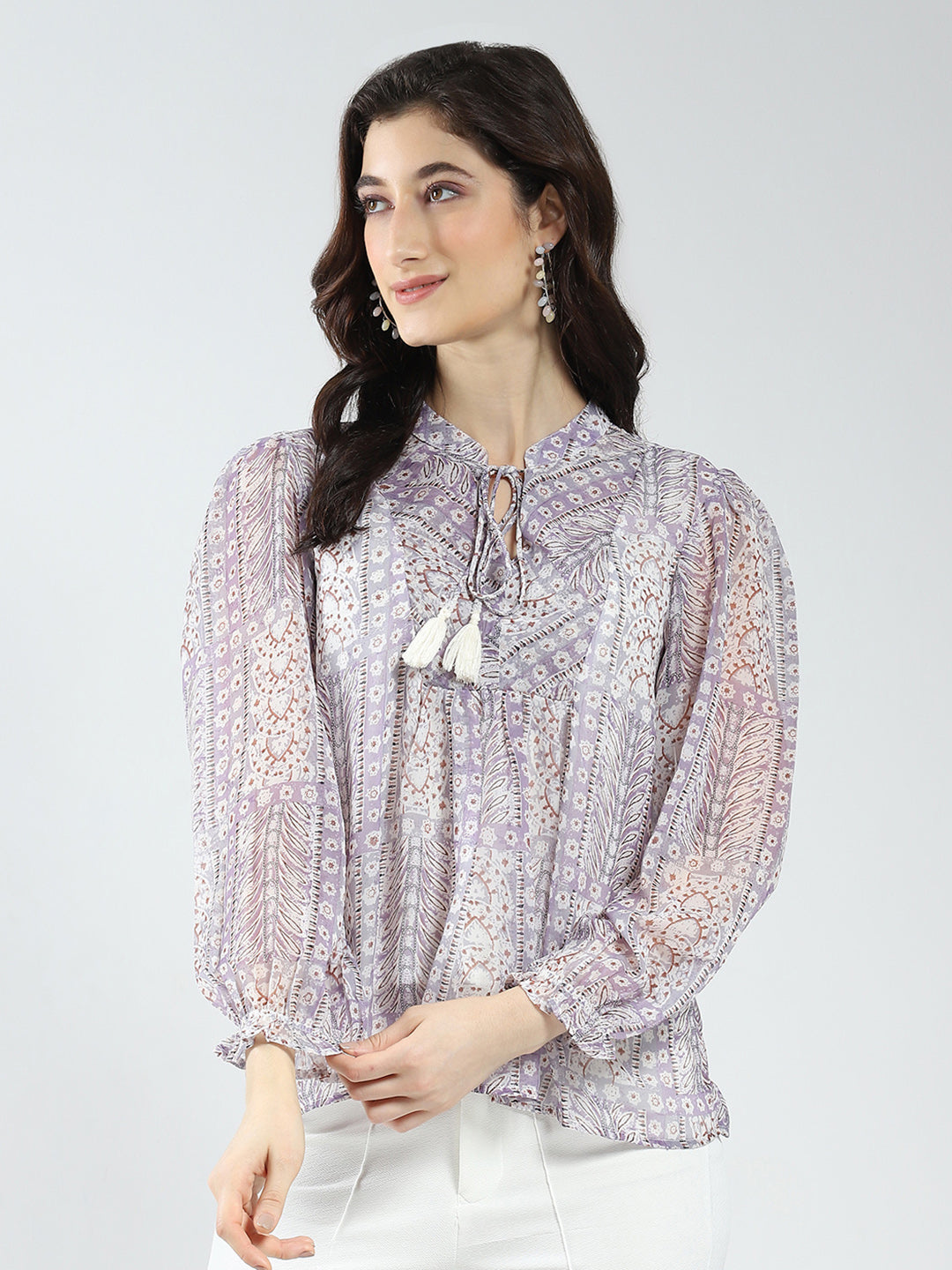 Women Purple Printed Band Neck Full Sleeve Top