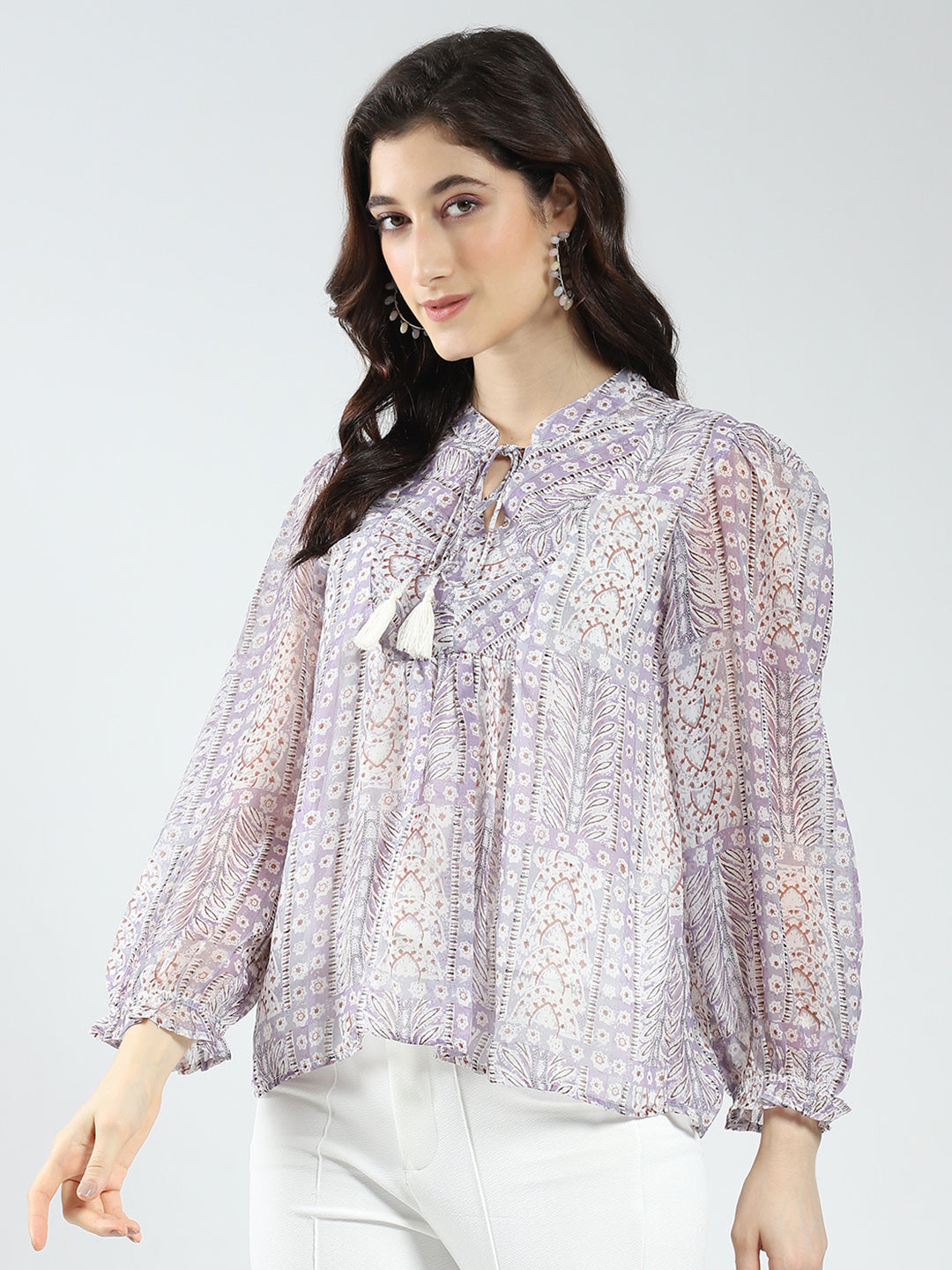 Women Purple Printed Band Neck Full Sleeve Top