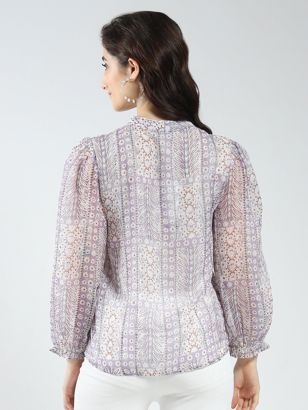 Women Purple Printed Band Neck Full Sleeve Top