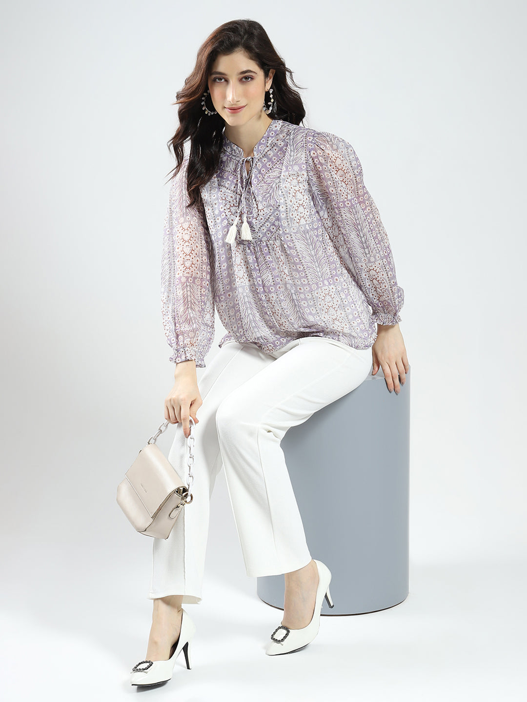 Women Purple Printed Band Neck Full Sleeve Top