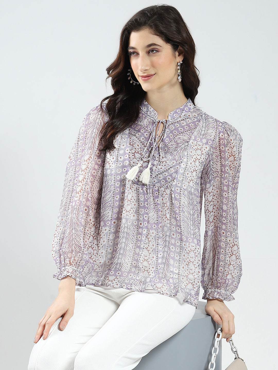 Women Purple Printed Band Neck Full Sleeve Top