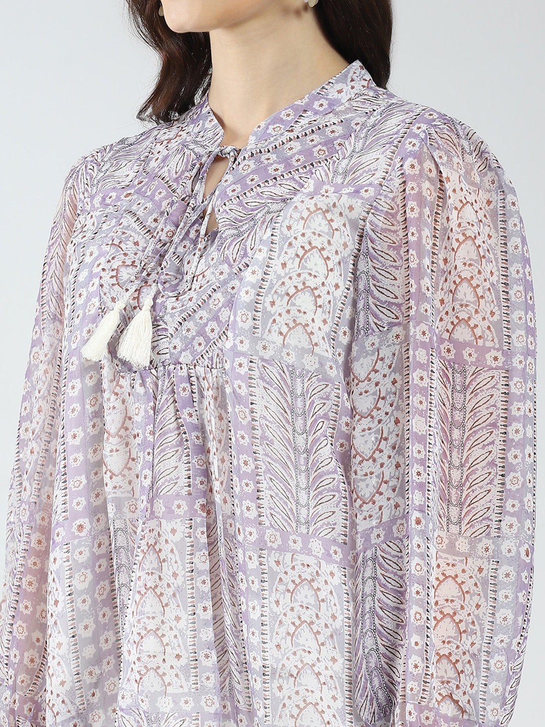 Women Purple Printed Band Neck Full Sleeve Top