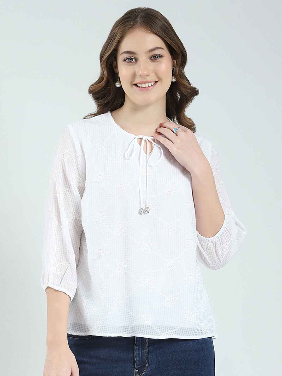 Women White Embroidered Round Neck 3/4th Sleeve Top