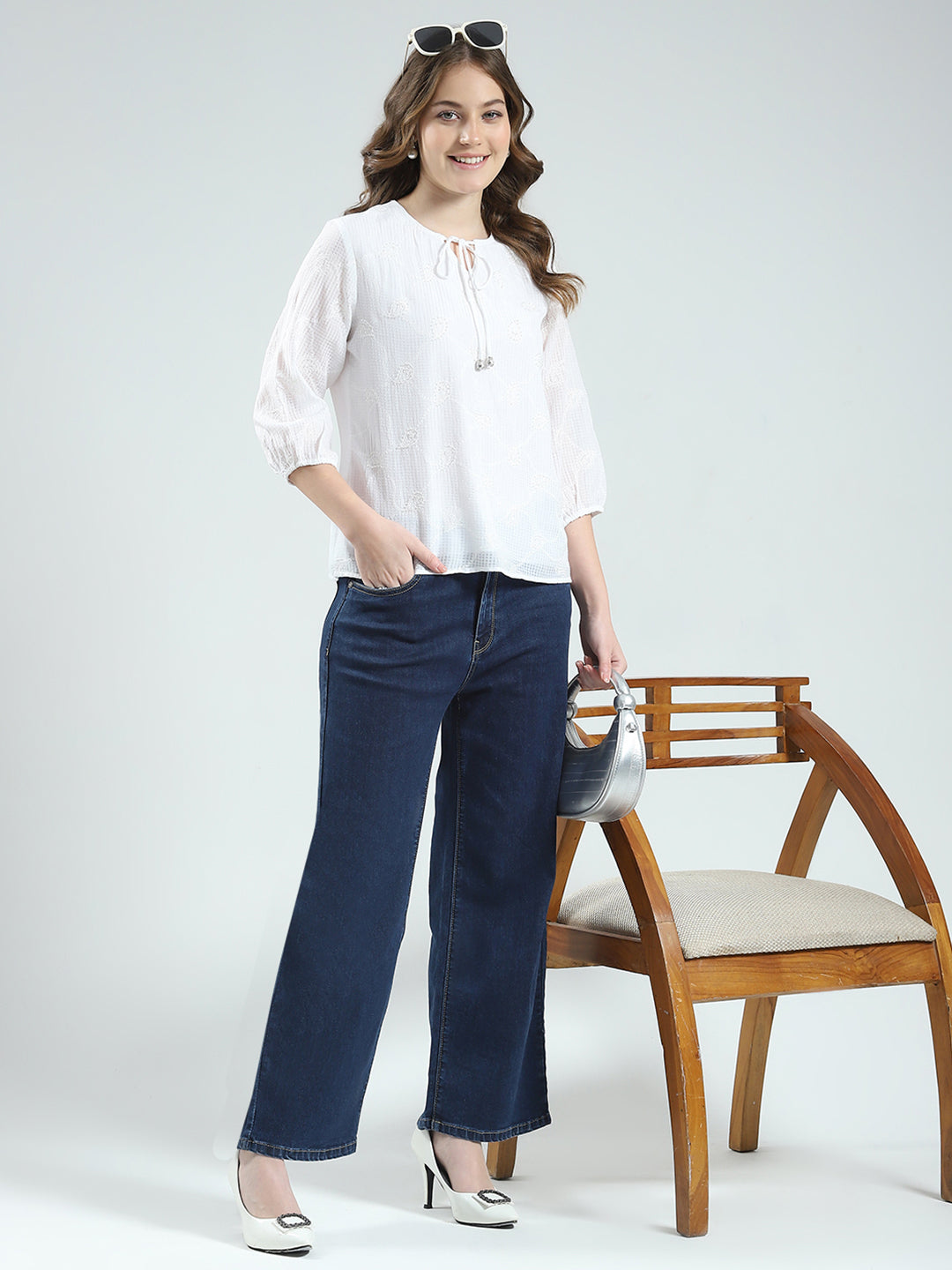 Women White Embroidered Round Neck 3/4th Sleeve Top