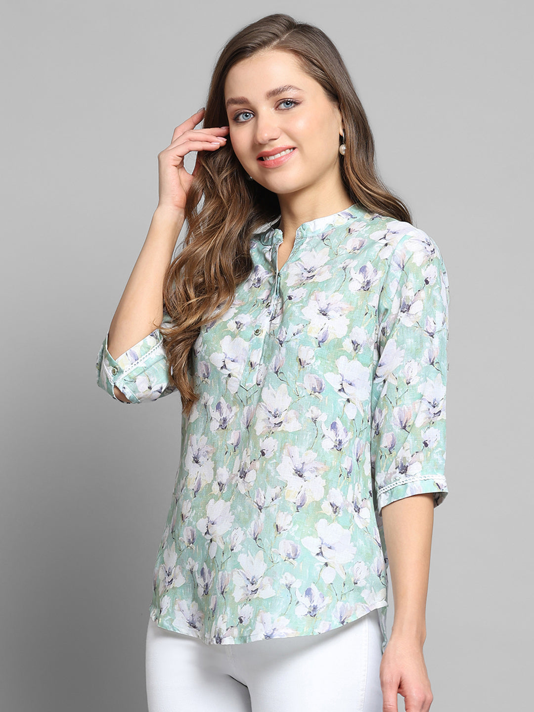 Women Green Printed Round Neck 3/4th Sleeve Top