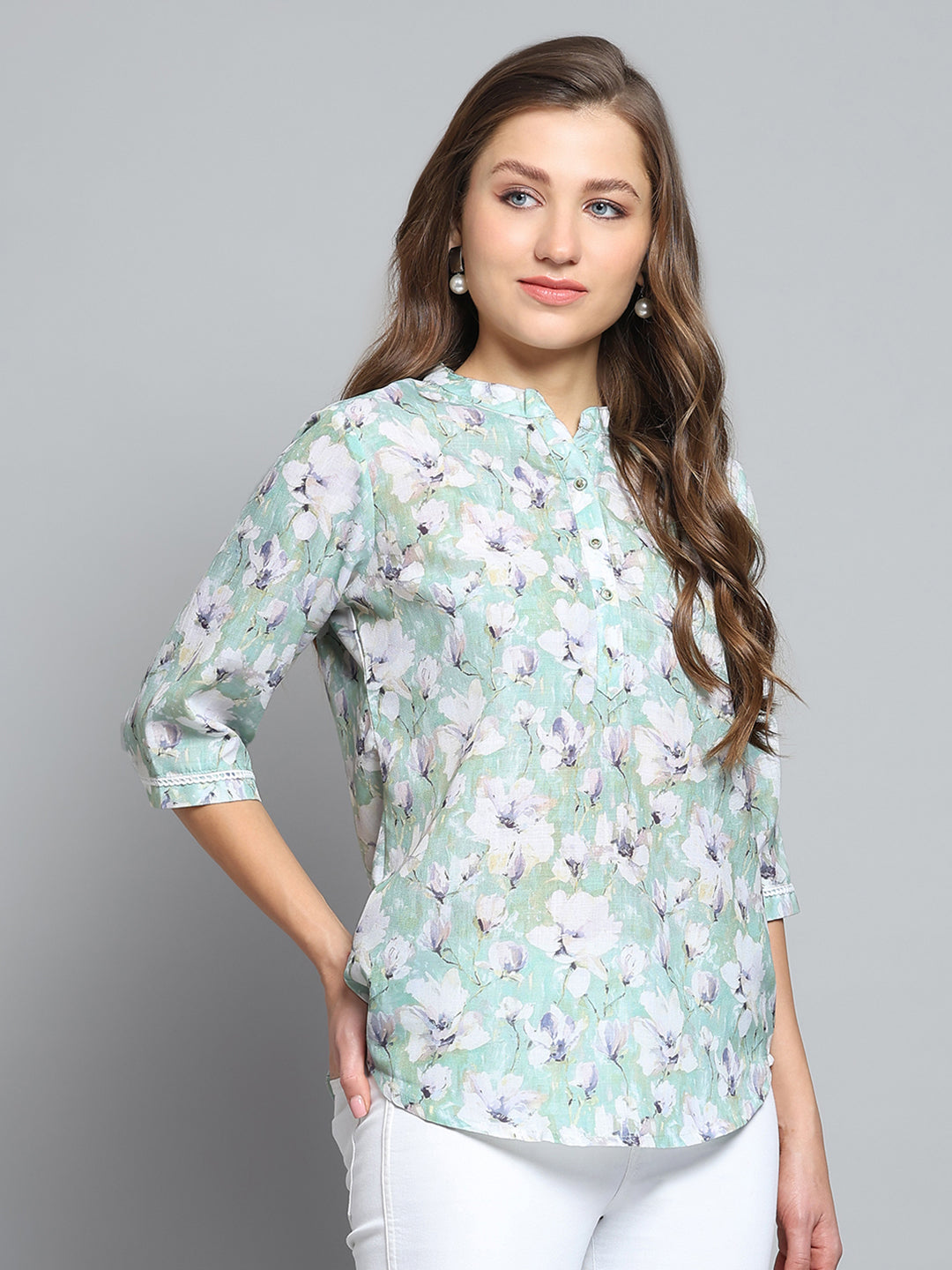 Women Green Printed Round Neck 3/4th Sleeve Top