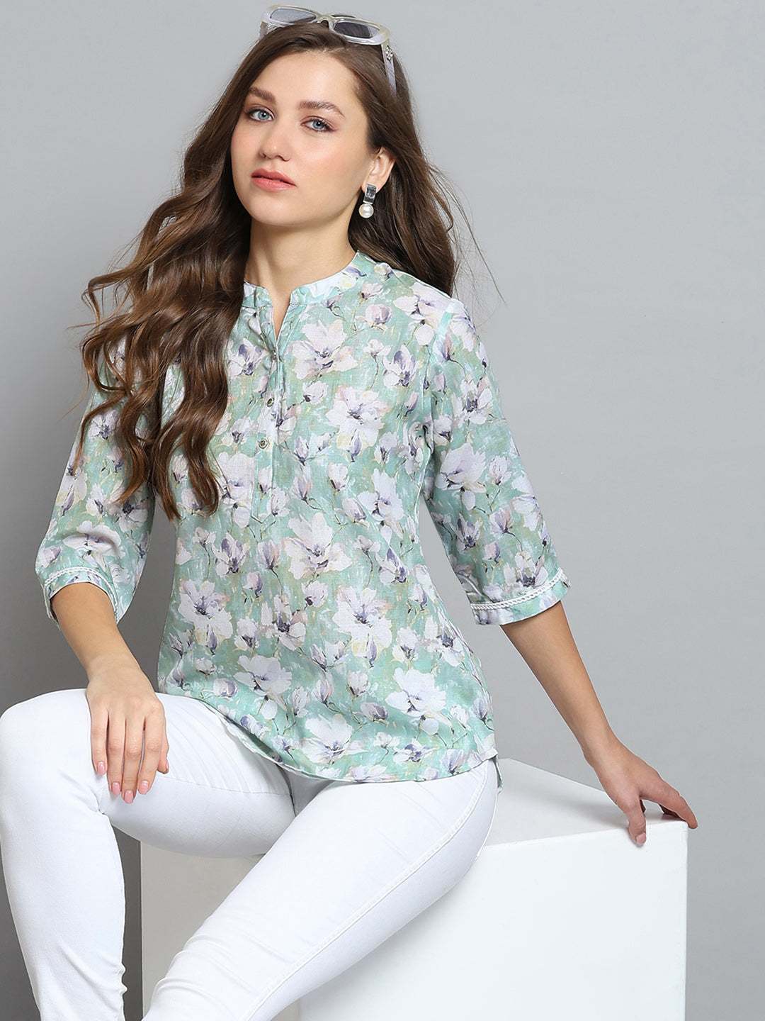 Women Green Printed Round Neck 3/4th Sleeve Top