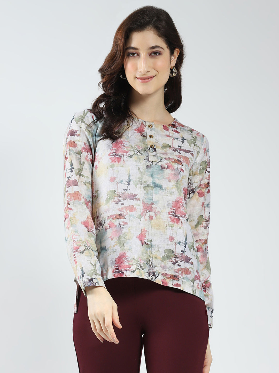 Women Green Printed Round Neck Full Sleeve Top