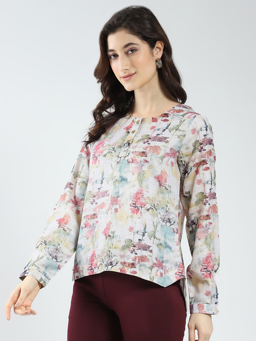 Women Green Printed Round Neck Full Sleeve Top