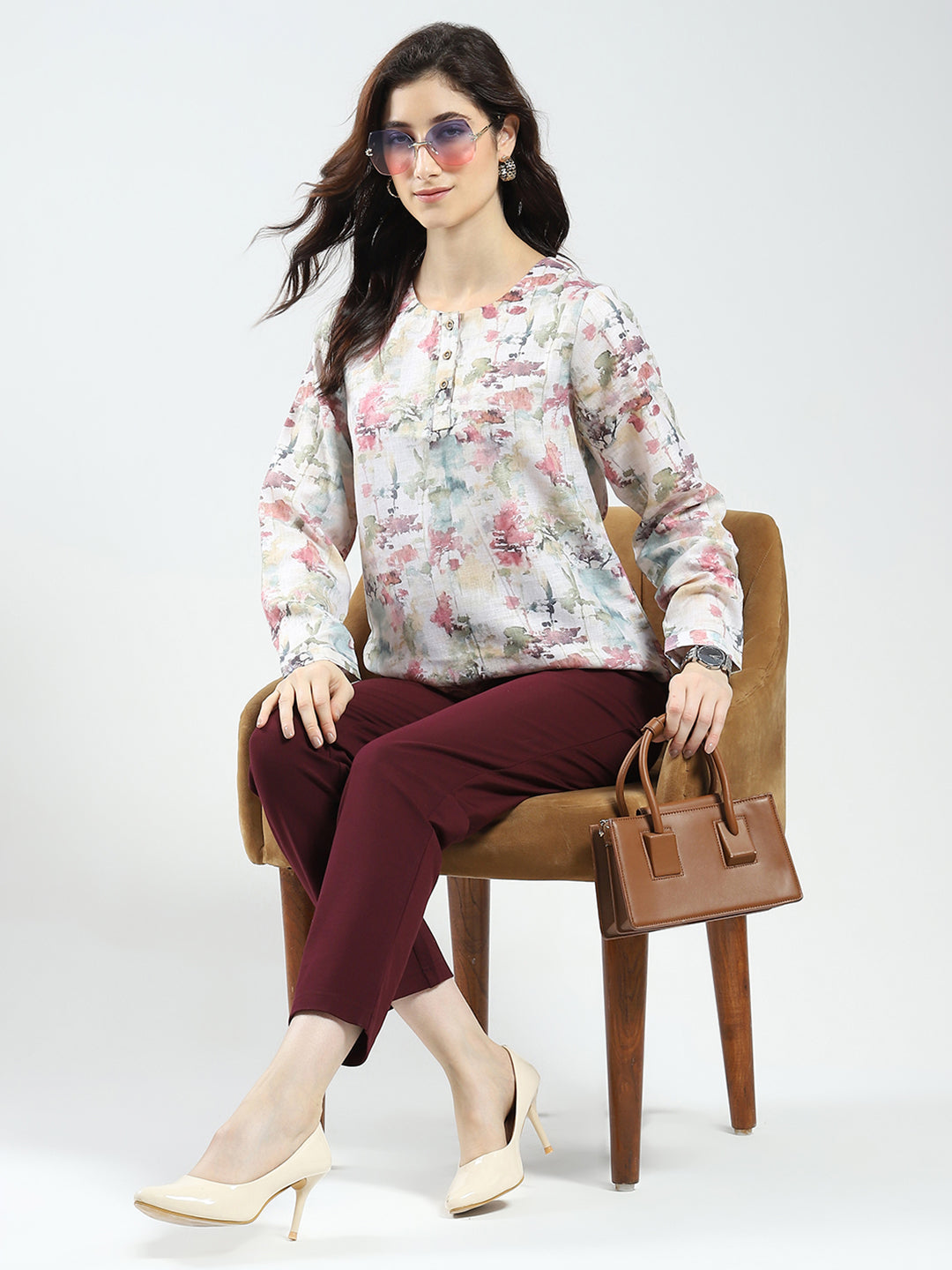 Women Green Printed Round Neck Full Sleeve Top