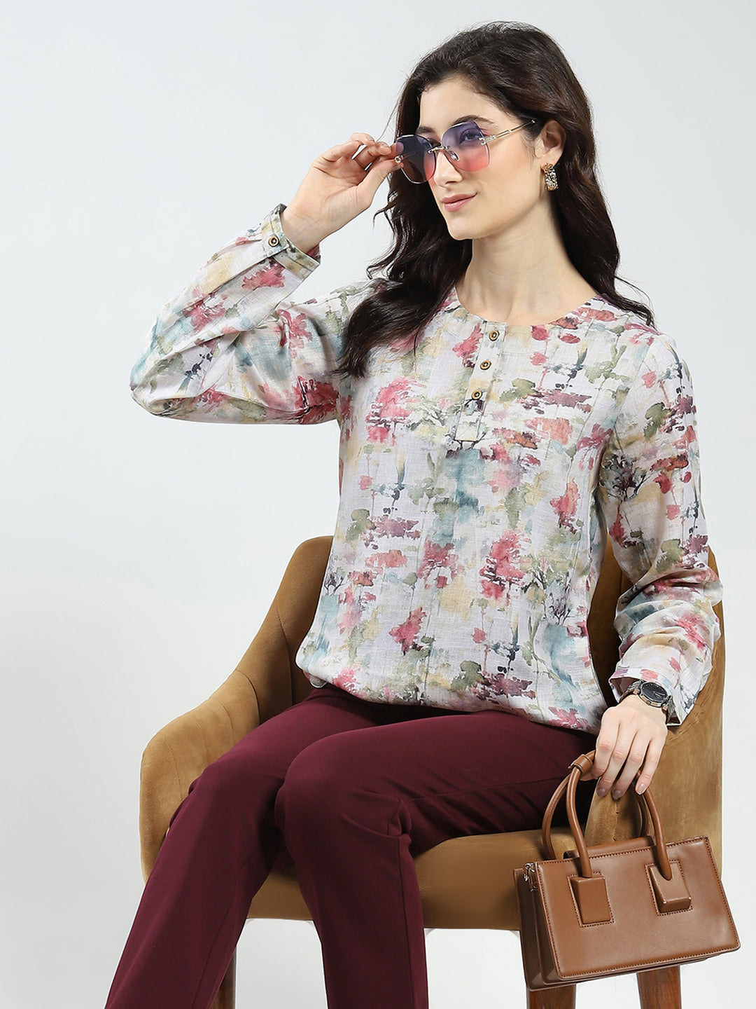 Women Green Printed Round Neck Full Sleeve Top