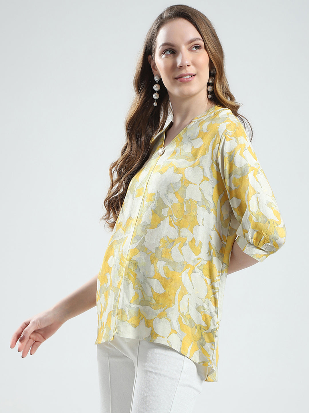 Women Yellow Printed V Neck Half Sleeve Top